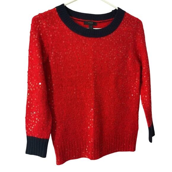J.Crew $98 XS Red Allover Sequin Wool Mohair Black Trim Sweater - Picture 6 of 7